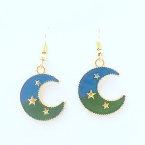 Earrings Crescent Moon Stars Galaxy Boho Witchy Jewelry Blue Green Gold Tone